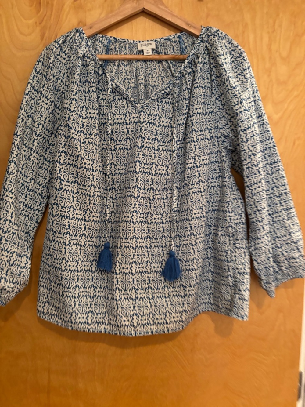 J.Crew Blue and White Printed Tassel Peasant Top, 100% cotton